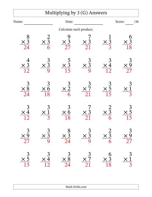 The Multiplying (1 to 9) by 3 (36 Questions) (G) Math Worksheet Page 2