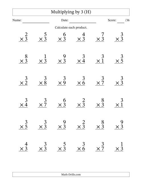 The Multiplying (1 to 9) by 3 (36 Questions) (H) Math Worksheet