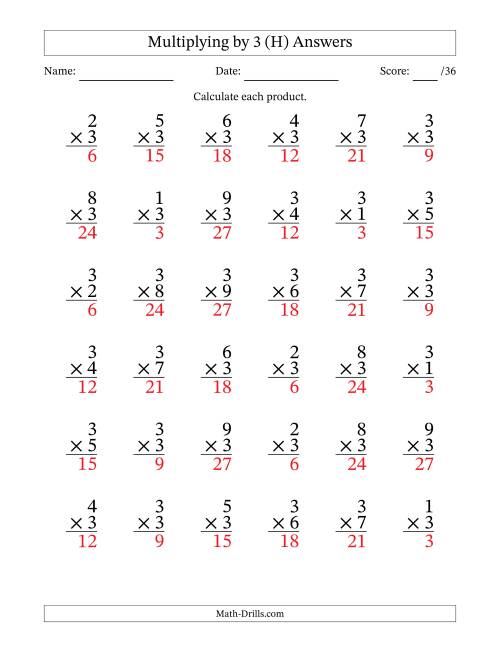 The Multiplying (1 to 9) by 3 (36 Questions) (H) Math Worksheet Page 2