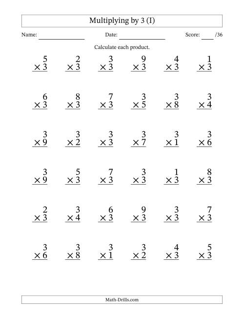 The Multiplying (1 to 9) by 3 (36 Questions) (I) Math Worksheet