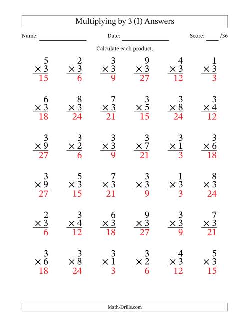 The Multiplying (1 to 9) by 3 (36 Questions) (I) Math Worksheet Page 2