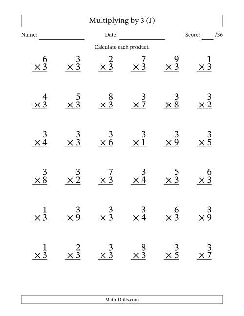 The Multiplying (1 to 9) by 3 (36 Questions) (J) Math Worksheet