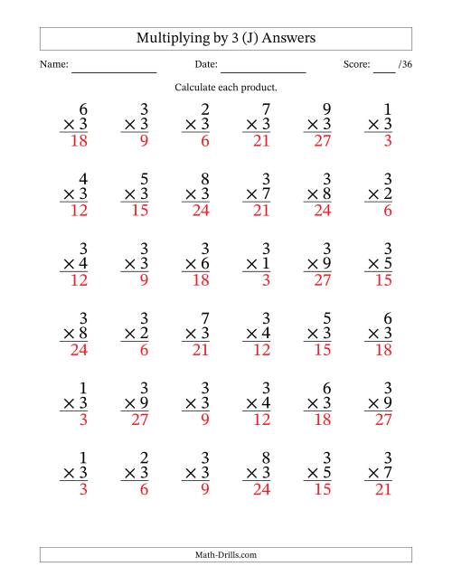 The Multiplying (1 to 9) by 3 (36 Questions) (J) Math Worksheet Page 2