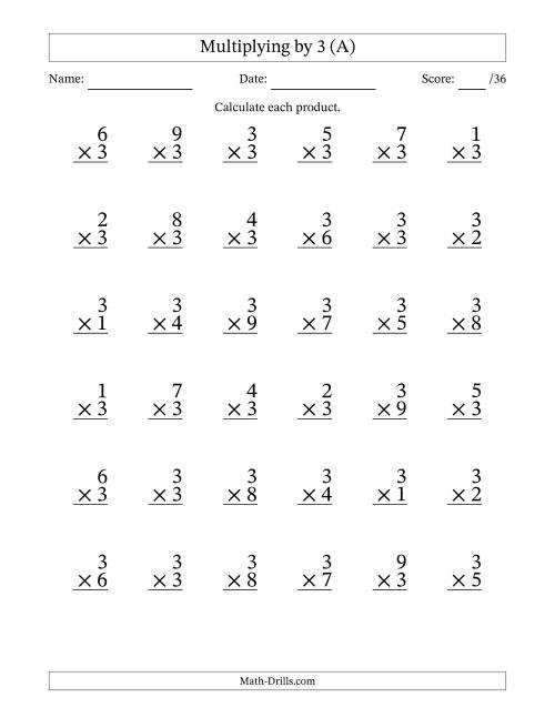 The Multiplying (1 to 9) by 3 (36 Questions) (All) Math Worksheet