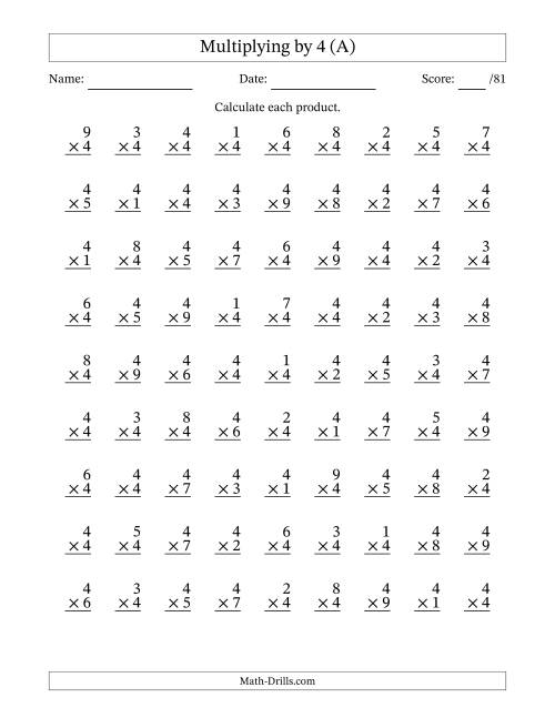 Multiplying 1 To 9 By 4 A Multiplication Facts Worksheet 