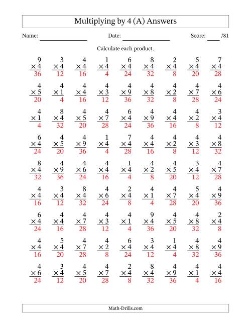 The Multiplying (1 to 9) by 4 (81 Questions) (A) Math Worksheet Page 2