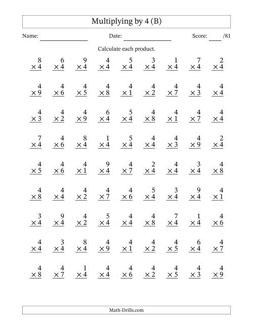 The Multiplying (1 to 9) by 4 (81 Questions) (B) Math Worksheet