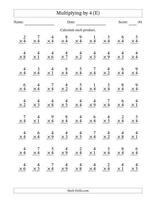 The Multiplying (1 to 9) by 4 (81 Questions) (E) Math Worksheet