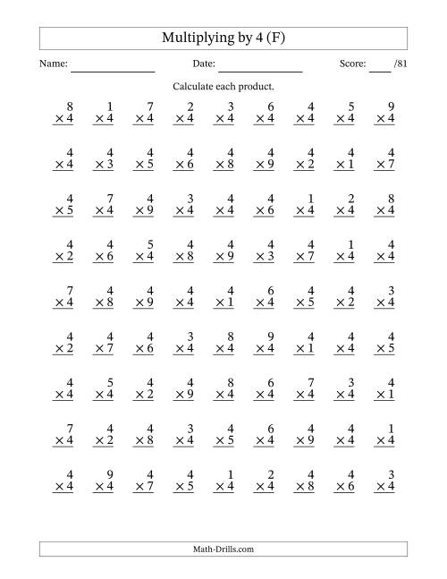 The Multiplying (1 to 9) by 4 (81 Questions) (F) Math Worksheet