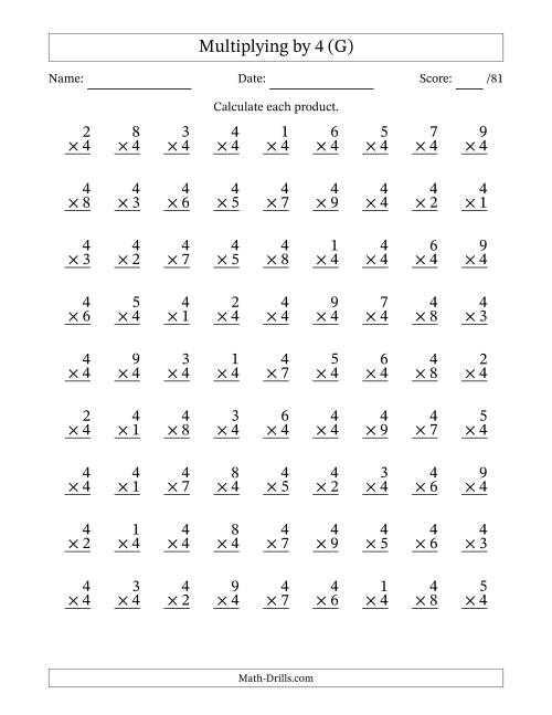The Multiplying (1 to 9) by 4 (81 Questions) (G) Math Worksheet