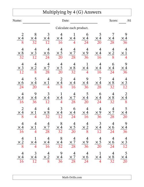 The Multiplying (1 to 9) by 4 (81 Questions) (G) Math Worksheet Page 2