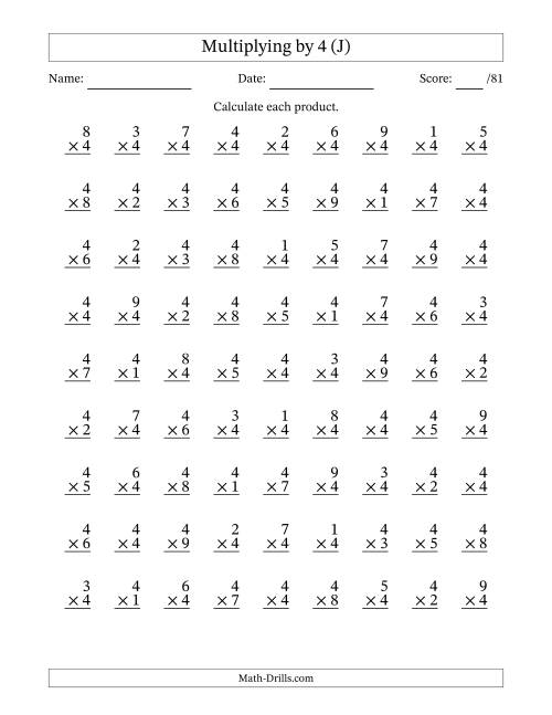 The Multiplying (1 to 9) by 4 (81 Questions) (J) Math Worksheet