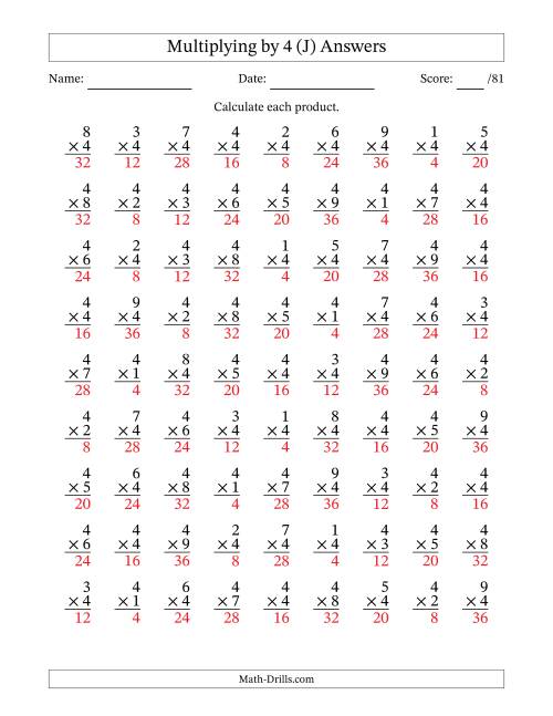 The Multiplying (1 to 9) by 4 (81 Questions) (J) Math Worksheet Page 2