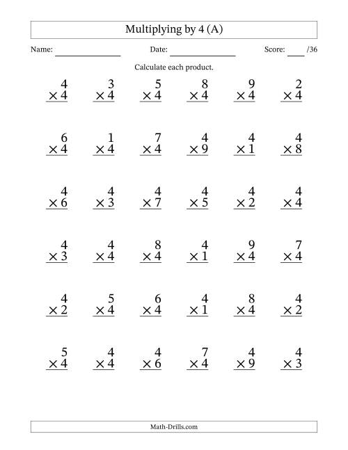 The Multiplying (1 to 9) by 4 (36 Questions) (A) Math Worksheet
