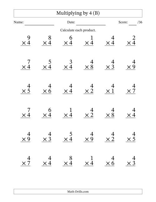 The Multiplying (1 to 9) by 4 (36 Questions) (B) Math Worksheet