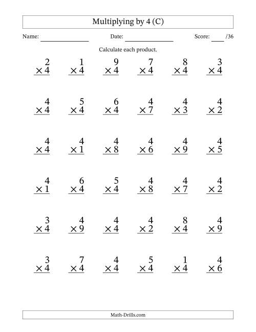 The Multiplying (1 to 9) by 4 (36 Questions) (C) Math Worksheet