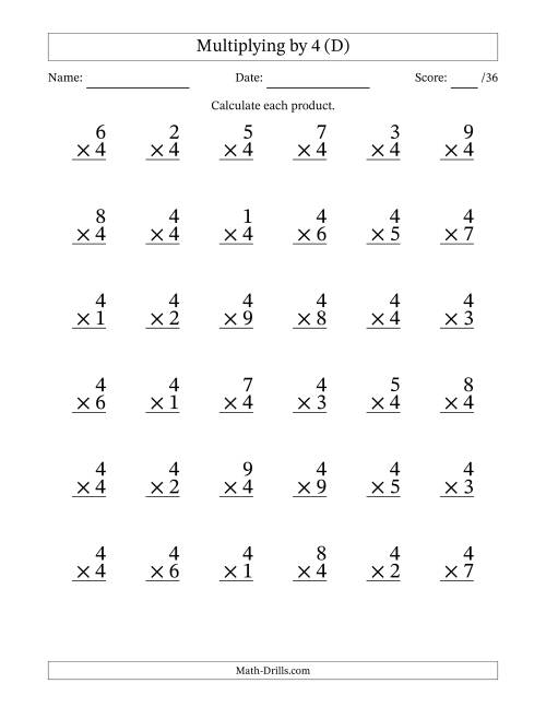 The Multiplying (1 to 9) by 4 (36 Questions) (D) Math Worksheet