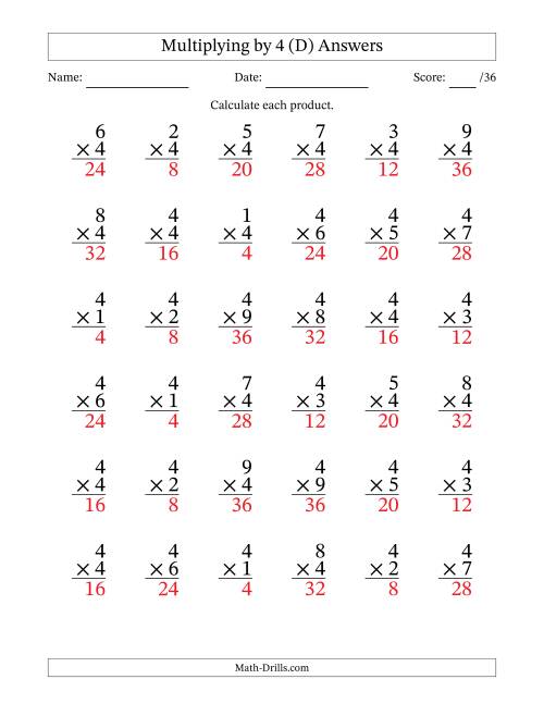 The Multiplying (1 to 9) by 4 (36 Questions) (D) Math Worksheet Page 2