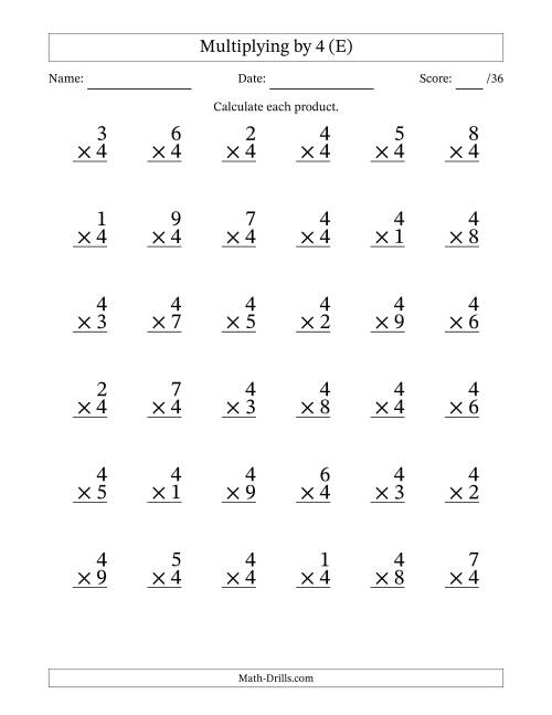 The Multiplying (1 to 9) by 4 (36 Questions) (E) Math Worksheet