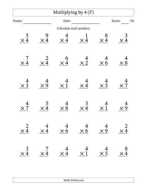 The Multiplying (1 to 9) by 4 (36 Questions) (F) Math Worksheet