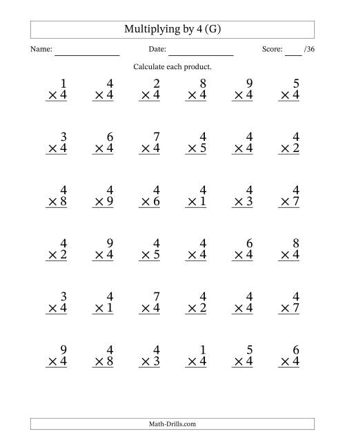 The Multiplying (1 to 9) by 4 (36 Questions) (G) Math Worksheet