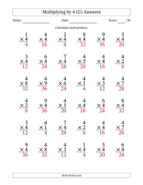 The Multiplying (1 to 9) by 4 (36 Questions) (G) Math Worksheet Page 2
