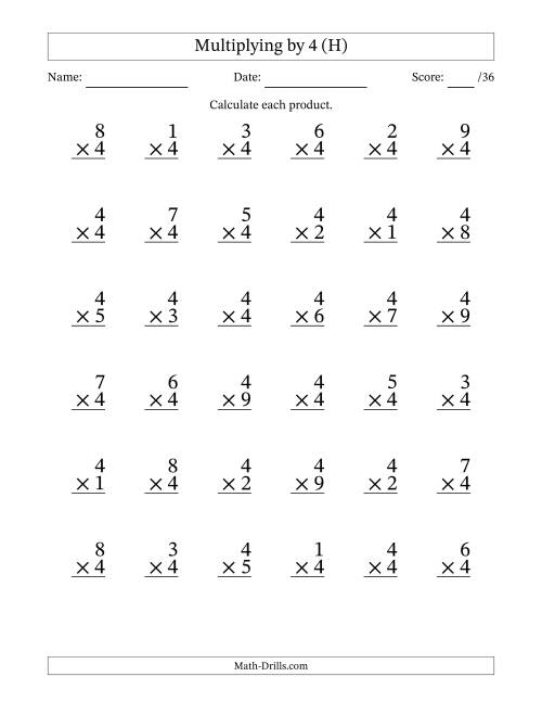 The Multiplying (1 to 9) by 4 (36 Questions) (H) Math Worksheet