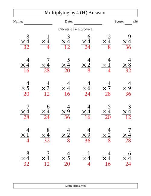 The Multiplying (1 to 9) by 4 (36 Questions) (H) Math Worksheet Page 2