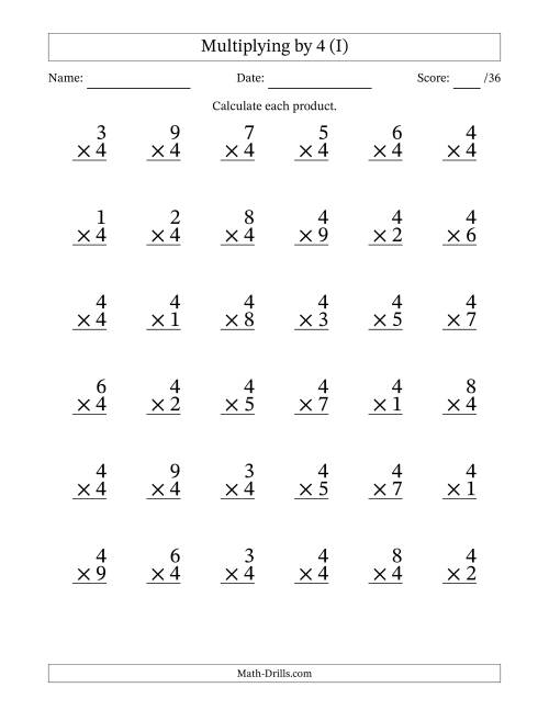 The Multiplying (1 to 9) by 4 (36 Questions) (I) Math Worksheet