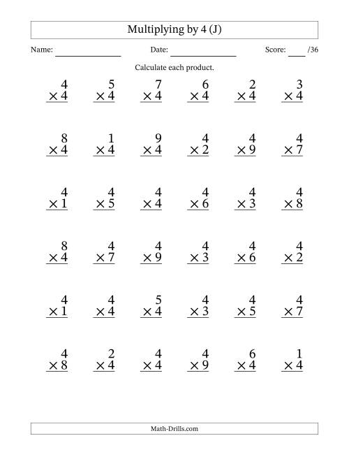 The Multiplying (1 to 9) by 4 (36 Questions) (J) Math Worksheet