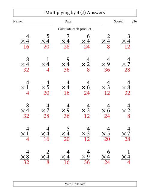 The Multiplying (1 to 9) by 4 (36 Questions) (J) Math Worksheet Page 2