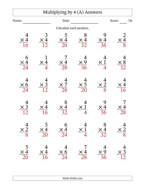 The Multiplying (1 to 9) by 4 (36 Questions) (All) Math Worksheet Page 2