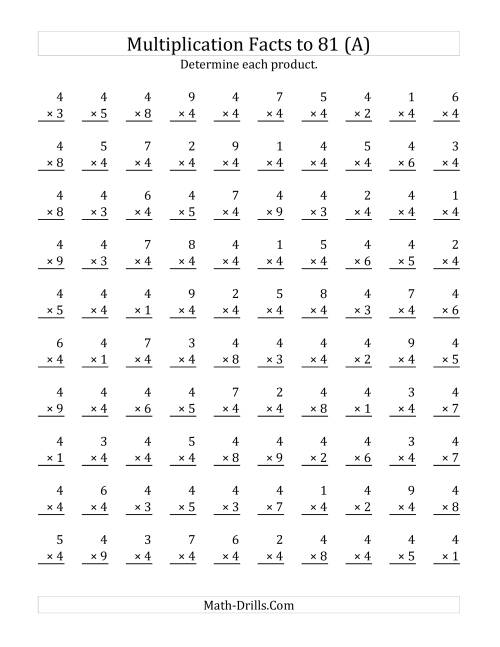 The Multiplying (1 to 9) by 4 (Old) Math Worksheet