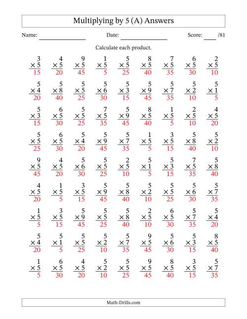 The Multiplying (1 to 9) by 5 (81 Questions) (A) Math Worksheet Page 2