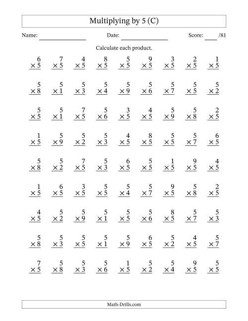 The Multiplying (1 to 9) by 5 (81 Questions) (C) Math Worksheet