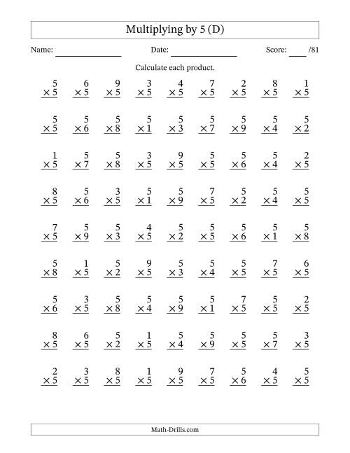 The Multiplying (1 to 9) by 5 (81 Questions) (D) Math Worksheet