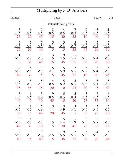 The Multiplying (1 to 9) by 5 (81 Questions) (D) Math Worksheet Page 2