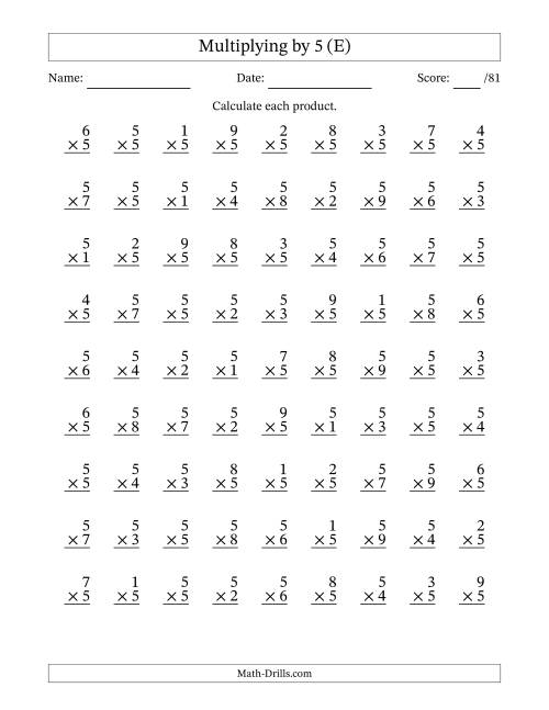 The Multiplying (1 to 9) by 5 (81 Questions) (E) Math Worksheet
