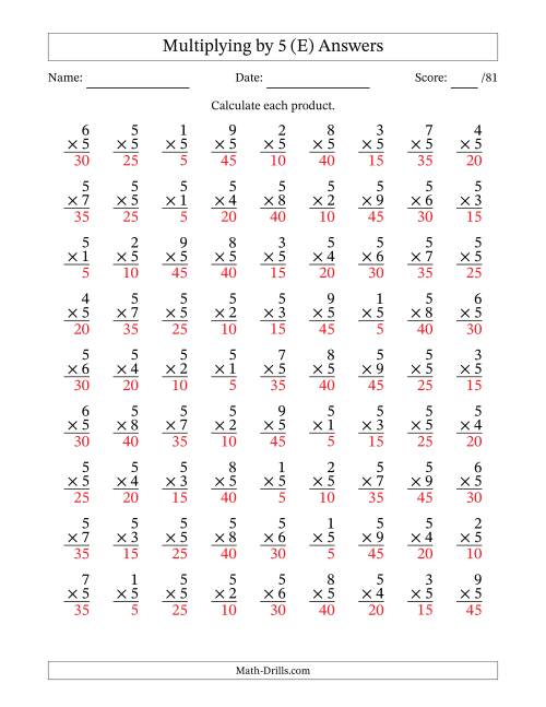 The Multiplying (1 to 9) by 5 (81 Questions) (E) Math Worksheet Page 2