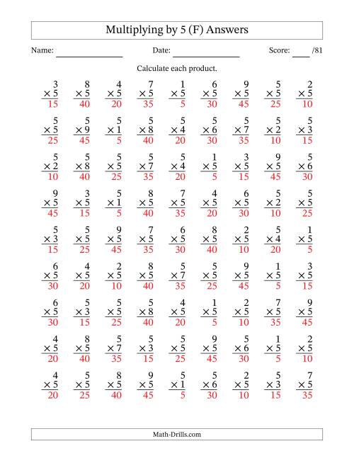 The Multiplying (1 to 9) by 5 (81 Questions) (F) Math Worksheet Page 2