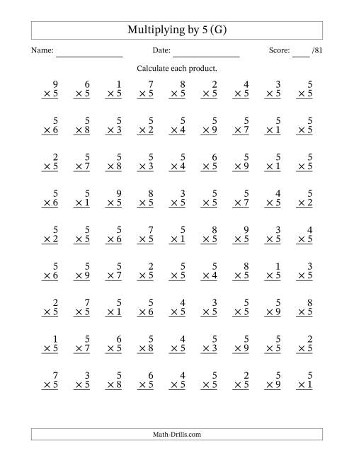 The Multiplying (1 to 9) by 5 (81 Questions) (G) Math Worksheet