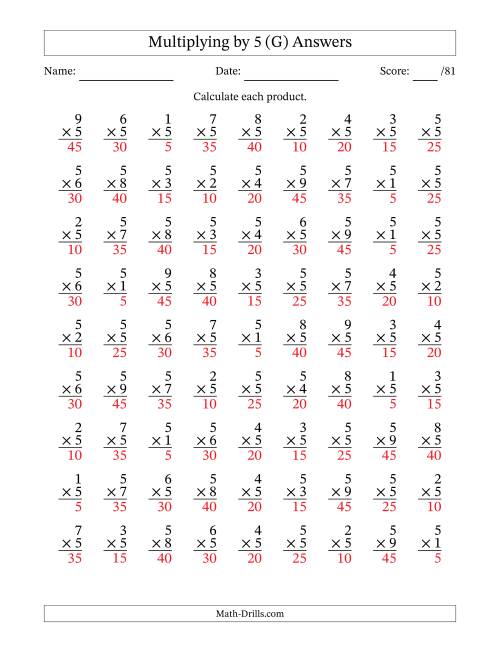 The Multiplying (1 to 9) by 5 (81 Questions) (G) Math Worksheet Page 2