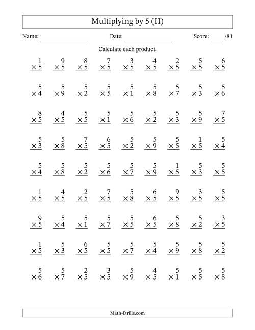 The Multiplying (1 to 9) by 5 (81 Questions) (H) Math Worksheet