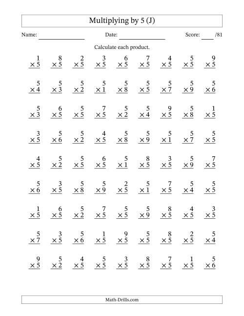 The Multiplying (1 to 9) by 5 (81 Questions) (J) Math Worksheet