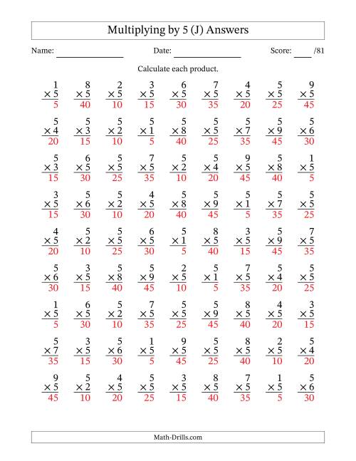 The Multiplying (1 to 9) by 5 (81 Questions) (J) Math Worksheet Page 2