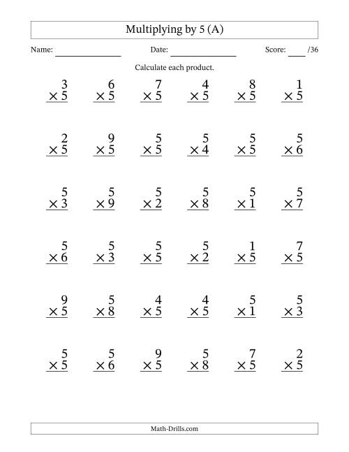 The Multiplying (1 to 9) by 5 (36 Questions) (A) Math Worksheet