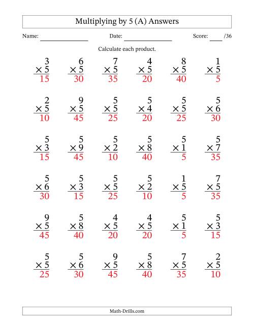 The Multiplying (1 to 9) by 5 (36 Questions) (A) Math Worksheet Page 2