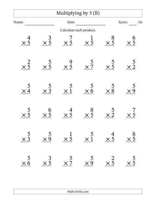 The Multiplying (1 to 9) by 5 (36 Questions) (B) Math Worksheet