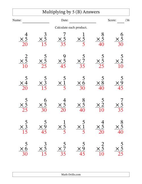 The Multiplying (1 to 9) by 5 (36 Questions) (B) Math Worksheet Page 2