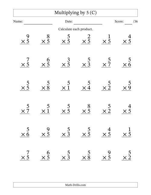 The Multiplying (1 to 9) by 5 (36 Questions) (C) Math Worksheet